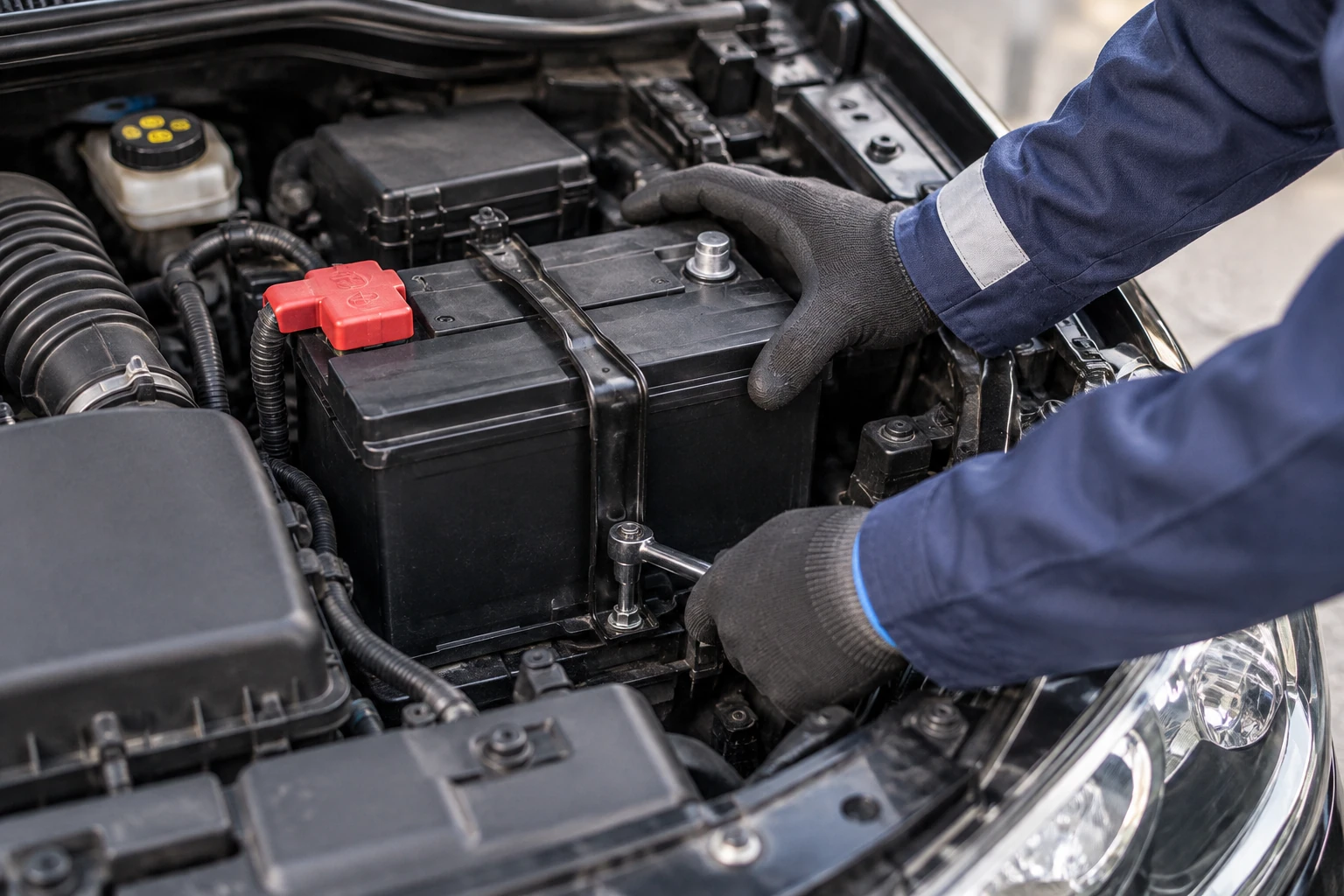 Técnico instalando una batería en el motor de un auto